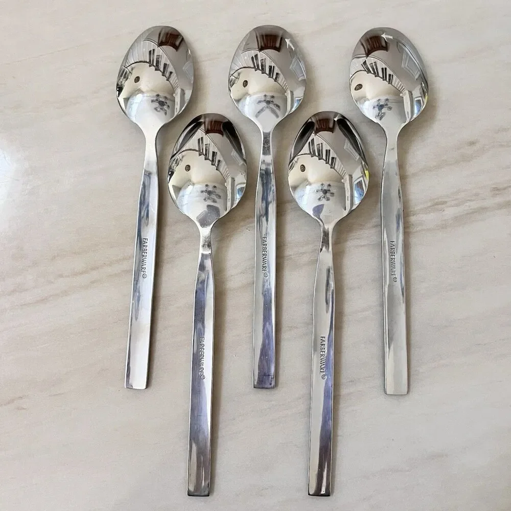 5pc FARBERWARE FRW80 Soup Spoon 8” Stainless Lines At Heel & Tip Glossy/Frosted